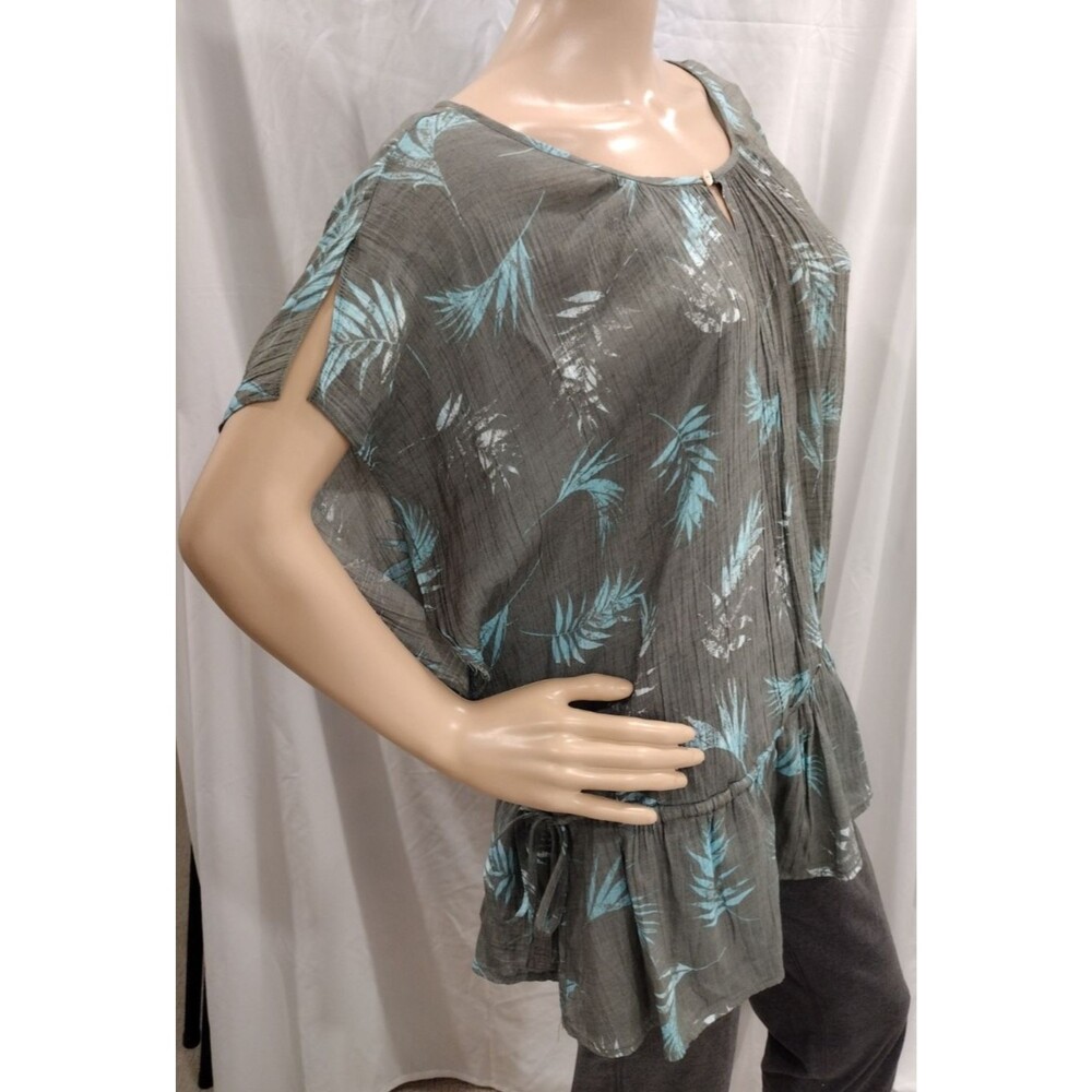 Hope & Harlow Women's 2X Dark Olive Grey Blue Tropical Leaves Plus Size Blouse - Picture 3 of 7